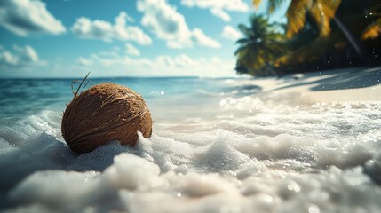 Poster - Coconut resting on sandy beach with gentle waves and tropical palm trees under a bright sky serene coastal landscape scene