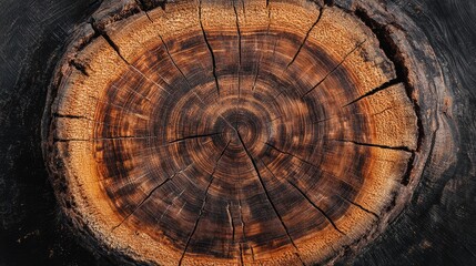 Poster - Cross section of an aged tree stump showcasing yearly growth rings and intricate wood grain patterns with visible cracks and texture