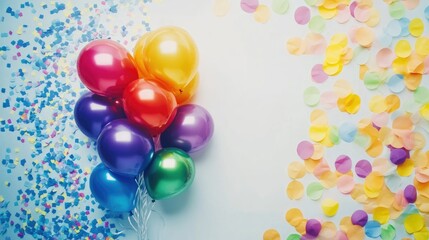 Poster - Colorful rainbow balloons surrounded by pastel confetti on a light background Ideal for festive celebration invitations or greeting cards