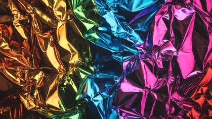 Poster - Vibrant crumpled foil texture with a colorful gradient showcasing rich hues of gold, blue, and pink for creative design backgrounds.