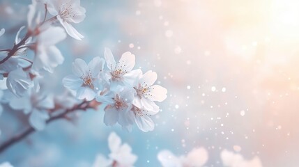 Poster - Cherry blossom branch with delicate white flowers in springtime ambiance soft focus background for nature themed mobile or web design