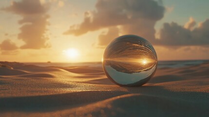 Poster - Crystal ball on beach at sunset reflecting tranquil scenery with warm golden hues and gentle waves creating a serene atmosphere