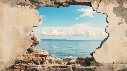 Aufkleber - Crumbling Wall Framing Serene Ocean View with Blue Skies and White Clouds in Background Perfect for Coastal Imagery and Textures