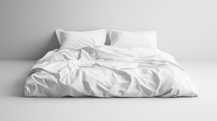 Aufkleber - Crumpled white bedding on a minimalist bed setting with two pillows in a serene and clean environment. Ideal for relaxation themes.