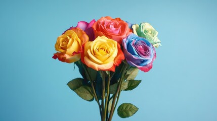 Aufkleber - Vibrant bouquet of multicolored roses against a bright blue background showcasing natural beauty and elegance in flower arrangements