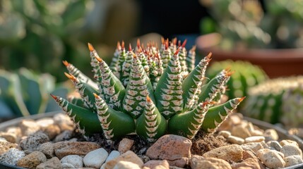 Poster - Crown of Thorns plant in close up with blurred bokeh background showcasing desert cactus lifestyle and vibrant details of nature.