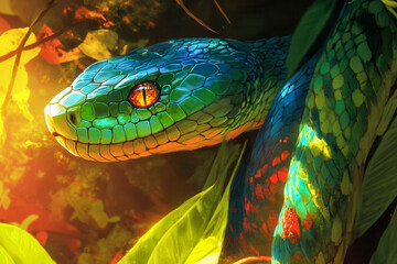 Wall Mural - Extreme close-up of a green snake with a bright blue head surrounded by green leaves in a natural setting