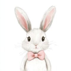 Poster - Cute illustrated white rabbit wearing a pink bow tie standing against a plain background. Generative AI