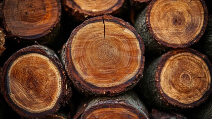 Poster - Cross section of tree trunks showcasing detailed wood grain and annual rings representing growth and natural beauty of felled timber