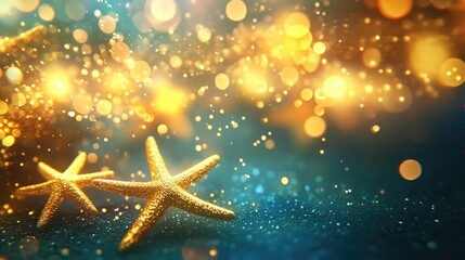 Aufkleber - Vibrant abstract holiday design featuring golden bokeh lights and starfish on a blurred dark background for a festive Christmas theme