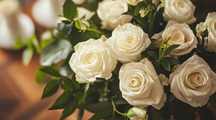 Canvas Print - Elegant white rose floral arrangement with greenery in a soft and warm setting for home decor or event styling