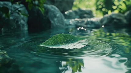 Canvas Print - Serene Leaf Floating on Tranquil Water Surrounded by Lush Nature and Soft Light Attracting Peaceful Reflection