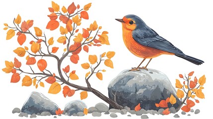 Wall Mural - A vibrant illustration of an orange and blue bird perched on a rock amidst autumnal foliage.