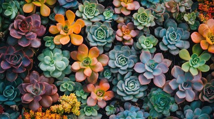 Poster - Colorful succulent plants composition viewed from above creating a vibrant decorative background in a natural setting.