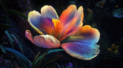 Aufkleber - Multicolored crocus flower with vibrant iridescent petals illuminated against a dark natural background