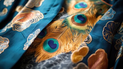 Aufkleber - Peacock feather inspired colorful robe flat lay showcasing intricate embroidery and vibrant textures