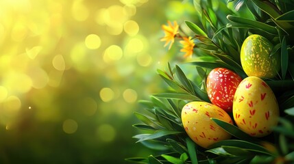 Fototapete - Colorful Easter Eggs Nestled Among Greenery with Soft Focus Background and Natural Light