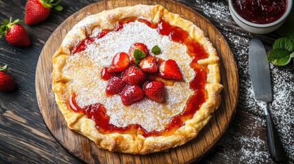 Wall Mural - Delicious Strawberry Jam Galette on Wooden Board with Fresh Strawberries and Powdered Sugar Garnish