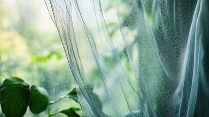 Fototapete - Close up of delicate window netting mesh with blurred green vegetation in the background creating a serene and natural atmosphere