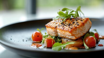 Wall Mural - Savory salmon fillet beautifully plated with vibrant vegetables and garnished for gourmet food photography.