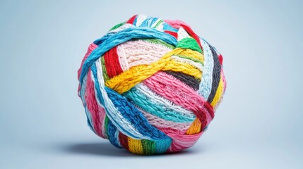 Poster - Colorful woven yarn ball on a light blue background showcasing vibrant patterns and textures for creative and artistic themes.