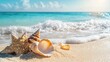© -Quantum Pixels- - Serene beach scene featuring seashells on golden sand with gentle ocean waves and sunlight illuminating the tranquil shoreline.