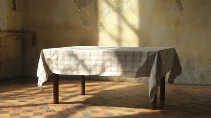Poster - Rustic wooden table with a checkered cloth in a sunlit room showcasing warm tones and textures
