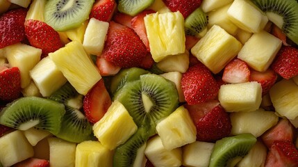 Wall Mural - Fresh and colorful fruit salad featuring pineapple kiwi strawberries bananas and apples arranged in a vibrant and appetizing display