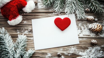 Festive heart-shaped card on rustic wood with Santa decor and winter greenery for holiday greetings and letters to Santa