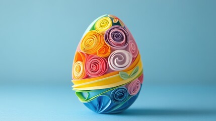 Aufkleber - Colorful Quilled Easter Egg Adorned with Floral Patterns on a Soft Blue Background
