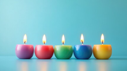 Poster - Vibrant Rainbow Candles Alight on Soft Turquoise Surface Creating a Peaceful Minimalist Atmosphere