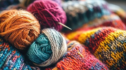 Poster - Colorful wool yarn and knitted textiles in vibrant hues with large knitting needles on a warm textile background