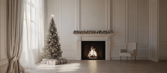 Aufkleber - Cozy Winter Interior with Christmas Tree and Fireplace Elegant Holiday Decor with Empty Space for Text in a Warm Atmosphere