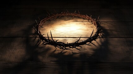 Aufkleber - Crown of thorns resting on wooden surface illuminated by soft lighting creating dramatic shadows