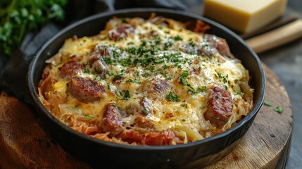 Wall Mural - Savory baked sauerkraut topped with sausages and melted Bryndza cheese in a rustic dish on a wooden board