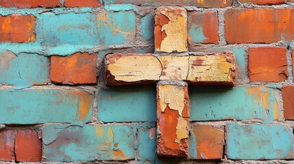 Poster - Abstract brick wall with a weathered cross symbol highlighting rustic textures and colors on a sunny day in a church setting