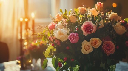 Poster - Elegant Floral Centerpiece of Fresh Roses and Berries Illuminated by Soft Evening Glow