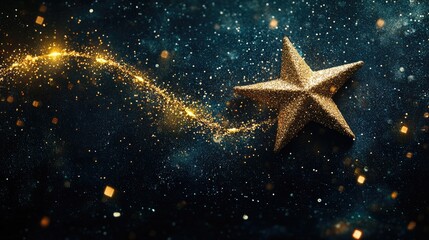 Poster - Gold Glittering Shooting Star with Sparkling Trail on Dark Background for Magical Christmas Decorations and Festive Banners and Postcards