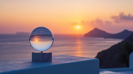 Aufkleber - Crystal ball reflecting sunset over serene ocean view with hills in the background creating a tranquil and mystical atmosphere