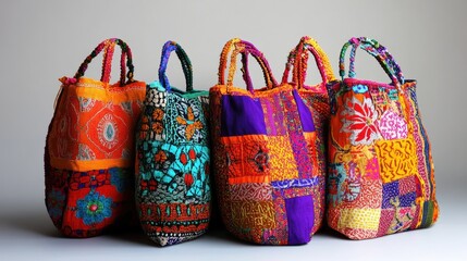 Leinwandbilder - Colorful Handmade Cloth Bags Displayed in a Row Showcasing Unique Patterns and Textures