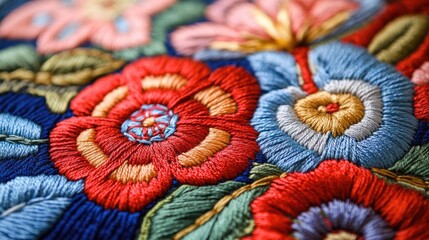 Aufkleber - Colorful embroidered floral motifs showcasing intricate craftsmanship and vibrant designs on fabric close-up.