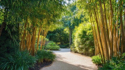 Aufkleber - Bamboo grove pathway in a lush botanical garden with sunlight filtering through green foliage