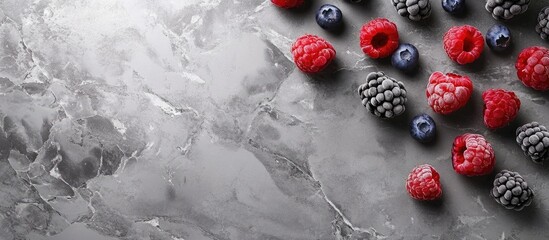 Leinwandbilder - Assorted fresh raspberries blackberries and blueberries on grey marble background with space for creative text or branding elements.