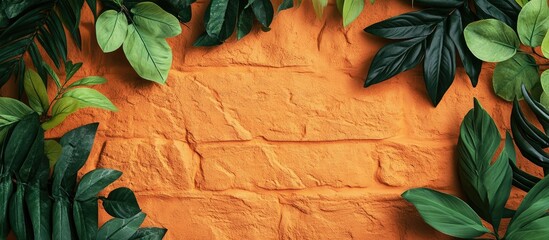 Poster - Orange brick wall surrounded by lush green leaves creating a natural frame with space for text or design elements.