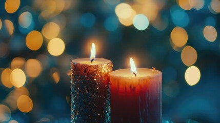 Leinwandbilder - Bokeh effect featuring two lit candles with a blurred background of colorful festive lights creating a warm and inviting atmosphere