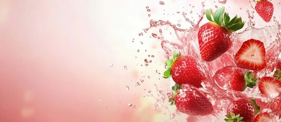 Poster - Fresh strawberries splashing in vibrant water with a soft pink background creating ample space for promotional text or captions.
