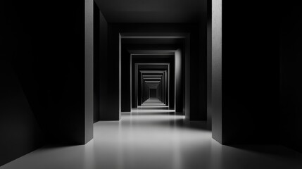 Aufkleber - 3D Rendered Dark Minimalist Interior Design with Recessed Lighting and Geometric Perspective for Contemporary Architecture Concepts