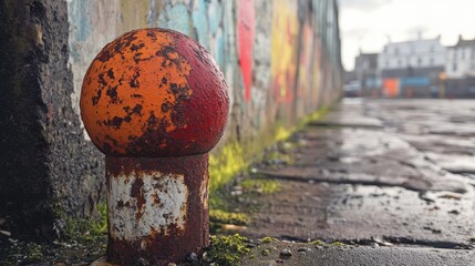 Poster - Rusty bollard with orange and red paint against a vibrant graffiti background on a wet cobblestone surface in an urban setting.