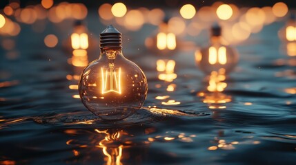 Leinwandbilder - Bokeh of glowing light bulbs floating on water surface with soft reflections and dreamy background ambiance