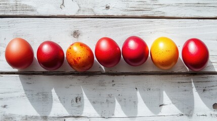 Poster - Colorful assortment of red Easter eggs arranged on a rustic white wooden table casting beautiful shadows in natural light